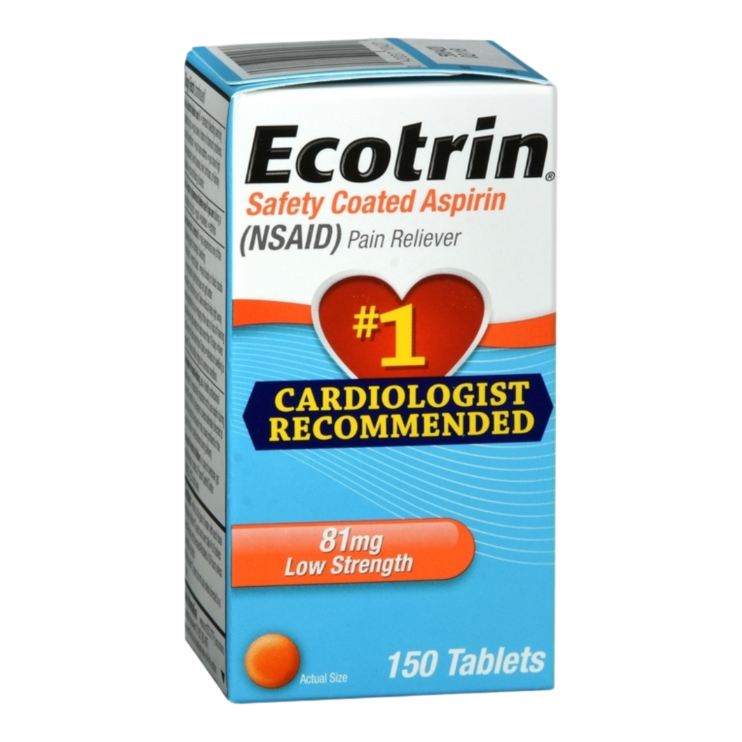 Ecotrin low dose aspirin 81mg tablets in a bottle, 150 count, used for cardiovascular health and blood thinning.