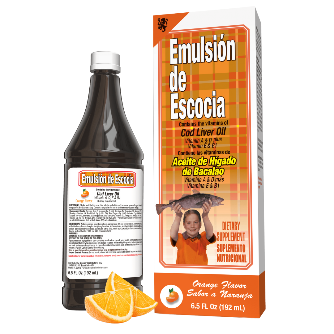 Scott Cod Liver Oil Emulsion with orange flavor in a 6.5 oz bottle, produced by Farmacias Savia.