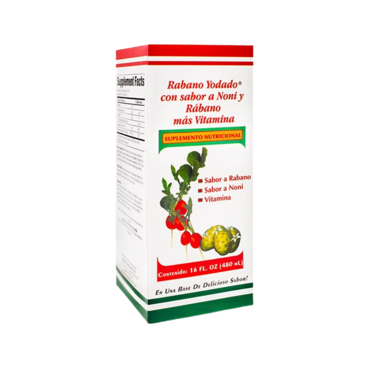 Menper Rabano Yodado with Noni and Vitamin syrup in a 16oz bottle, displayed with the label and packaging details.