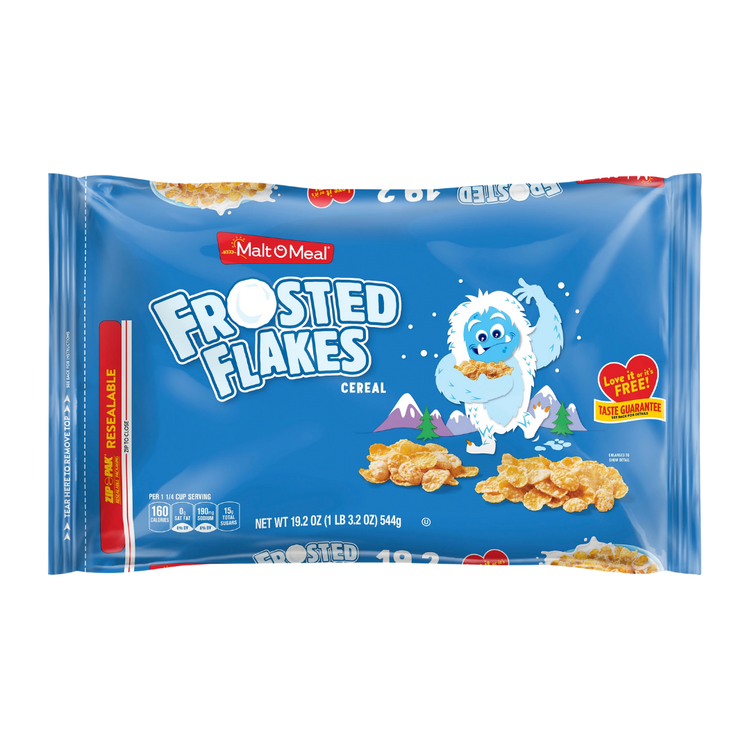 Box of Malt-O-Meal Frosted Flakes cereal in 19oz size, featuring colorful branding and frosted flakes on the packaging.