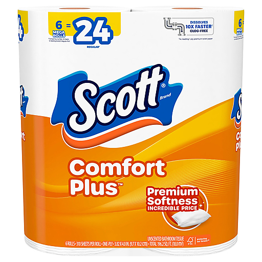 Farmacias Savia Scott ComfortPlus toilet paper, 6 mega rolls, 1-ply bath tissue with 310 sheets per roll, septic-safe.
