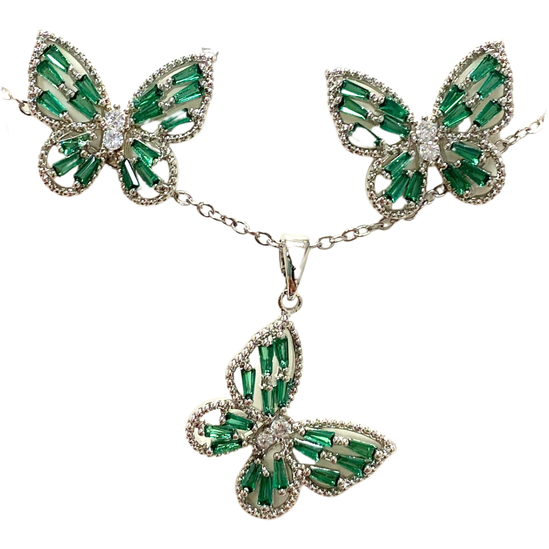 Elegant floral and gemstone jewelry set with matching necklace and earrings, featuring colorful flower and gemstone details.
