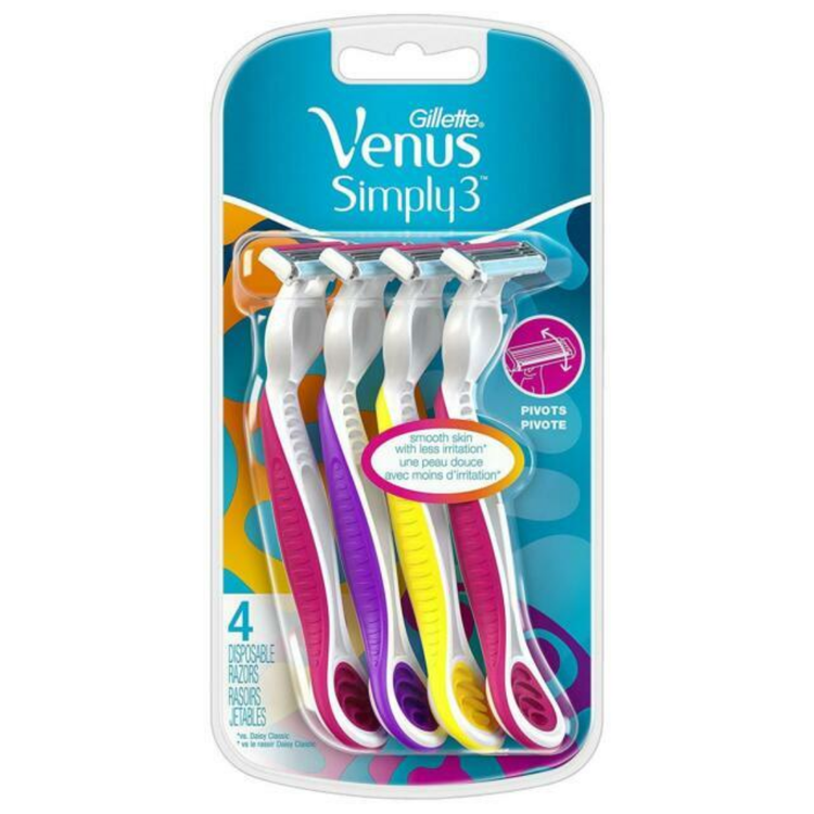 Gillette Simply Venus 3 disposable razors in a 4-pack, featuring three blades and a sleek handle for smooth shaving.