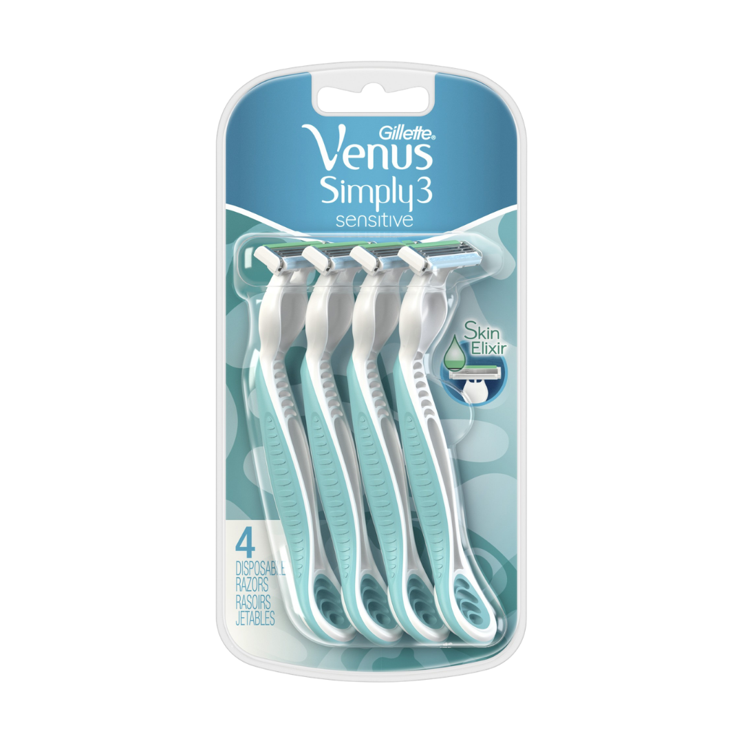 Gillette Venus Simply 3 Sensitive disposable razors in a 4-pack, featuring three blades for gentle shaving