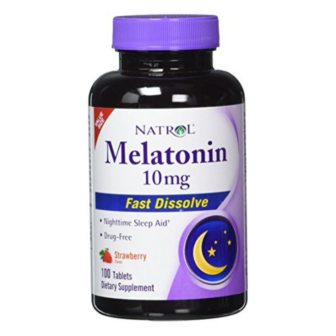 Natrol Melatonin 10mg fast dissolve tablets in strawberry flavor, 100 count, displayed in blister packaging.