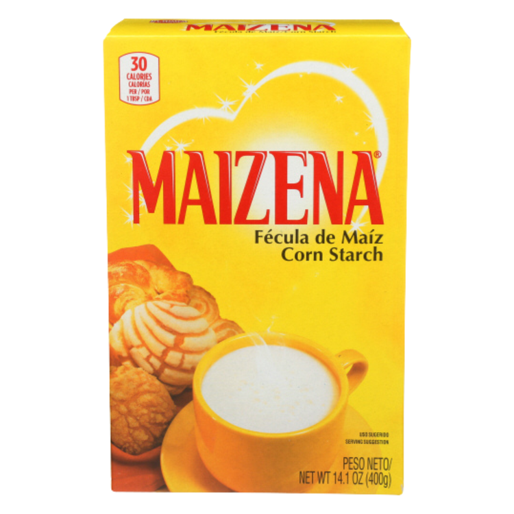 Farmacias Savia Maizena Corn Starch 14oz box, white powdered starch for cooking and baking on a clean kitchen surface