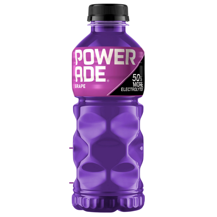 20oz Powerade Grape sports drink bottle with purple label and cap, designed for hydration and energy during sports activities.