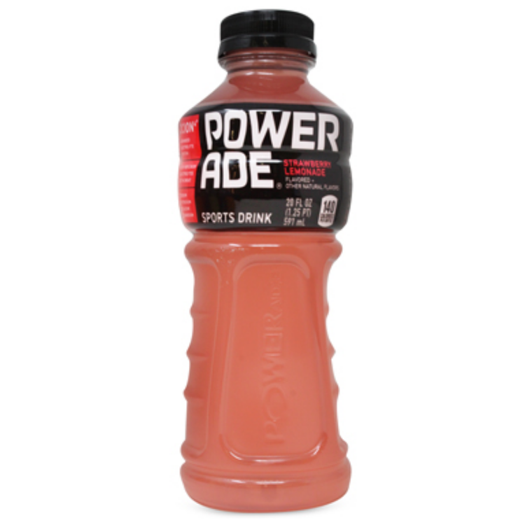 Powerade Strawberry Sports Drink 20oz bottle with vibrant red label, hydration beverage from Farmacias Savia.