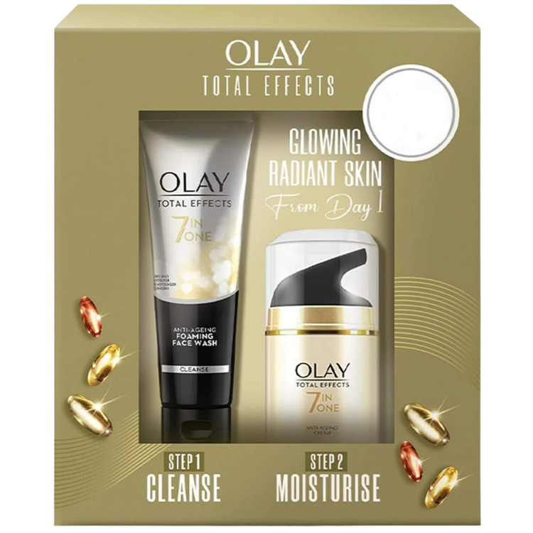 Olay Total Effects 7-in-1 anti-aging gift set with two skincare products, including creams and serums in sleek packaging.
