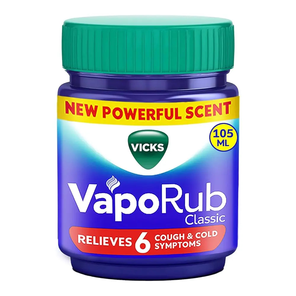 Vicks Vaporub jar with 105ml size, showing the labeled container for relieving cough and cold symptoms.