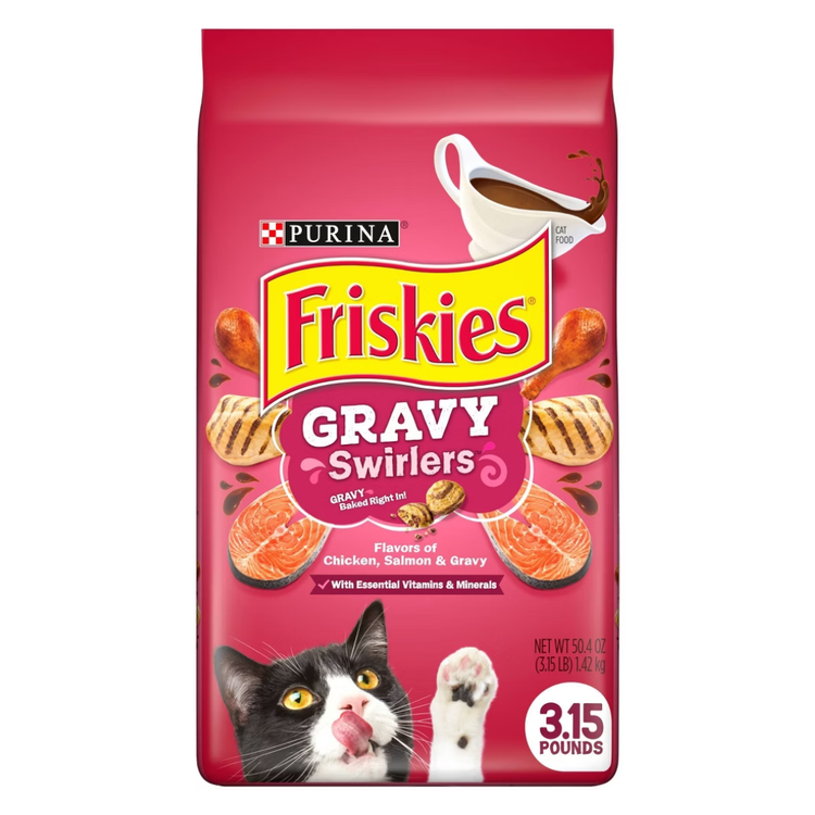 Farmacias Savia Purina Friskies Gravy Swirlers dry cat food in 3.15 lb bag, showing colorful kibble with gravy swirl design.