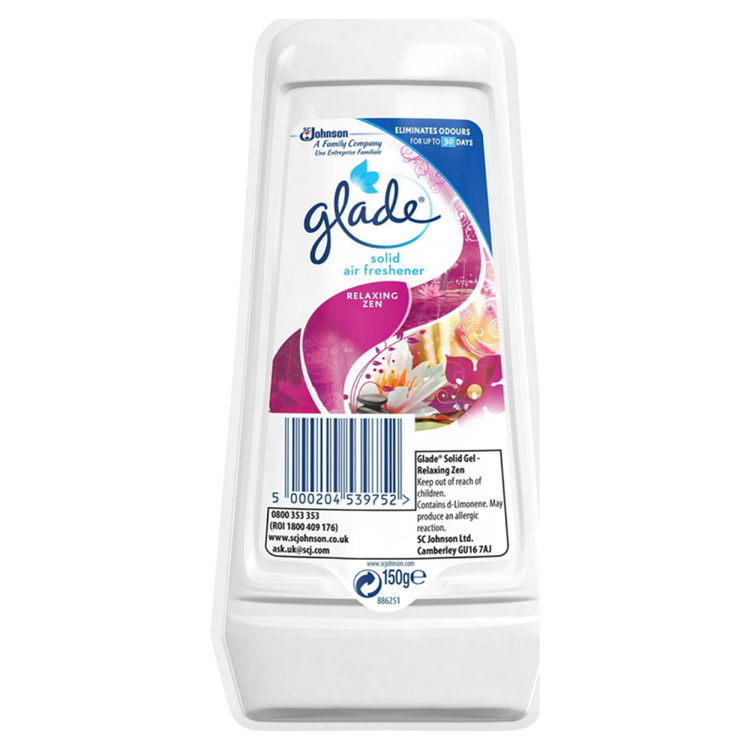Farmacias Savia Glade Solid Air Freshener Relaxing Zen 150g for home use, featuring a calming scent and natural design.