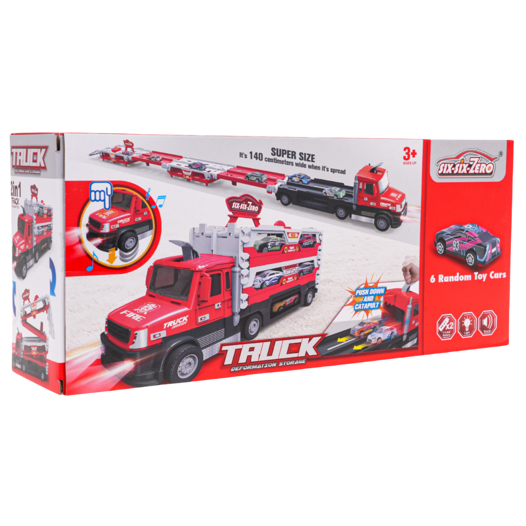 Green Six Six Zero Dinosaur Transport Truck and Parking Playset with colorful dinosaur figures and loading ramps.
