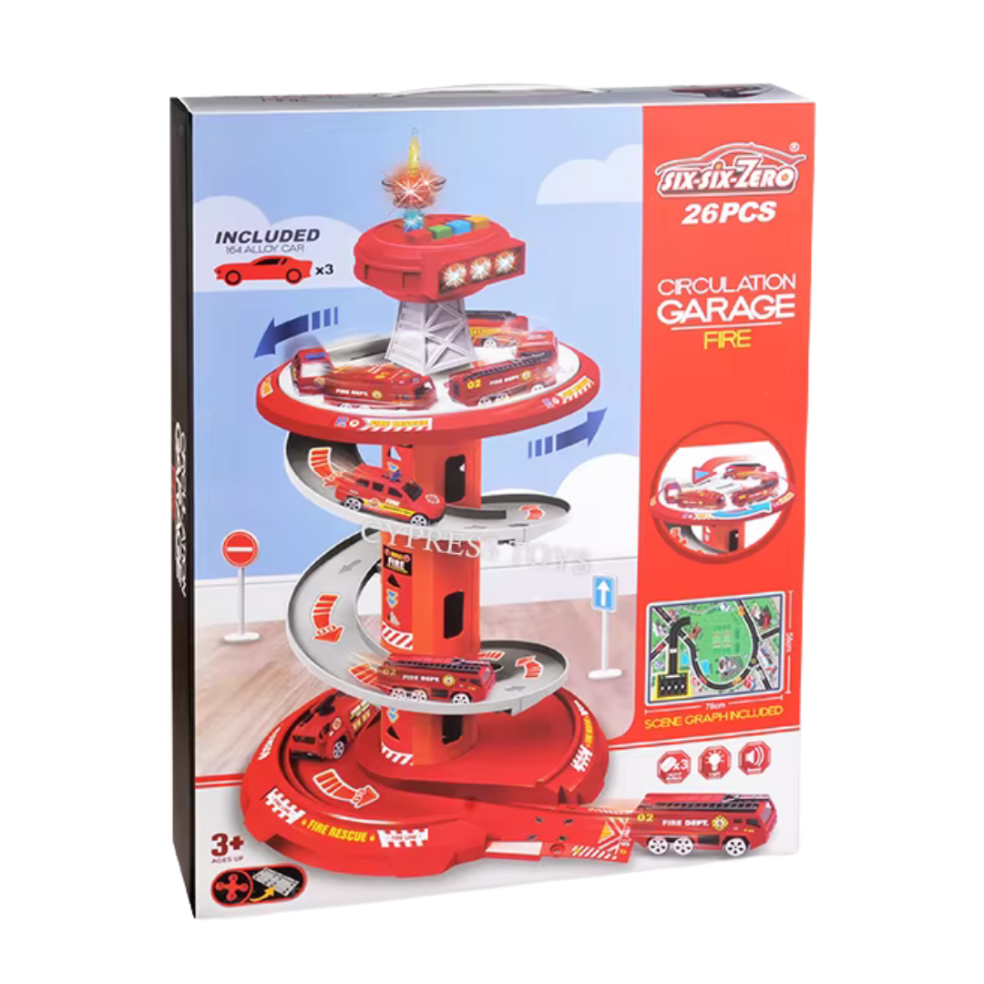 Six Six Zero Fire Rescue Circulation Garage Spiral Track set with 26 pieces, featuring colorful tracks and rescue vehicles for kids’ play.