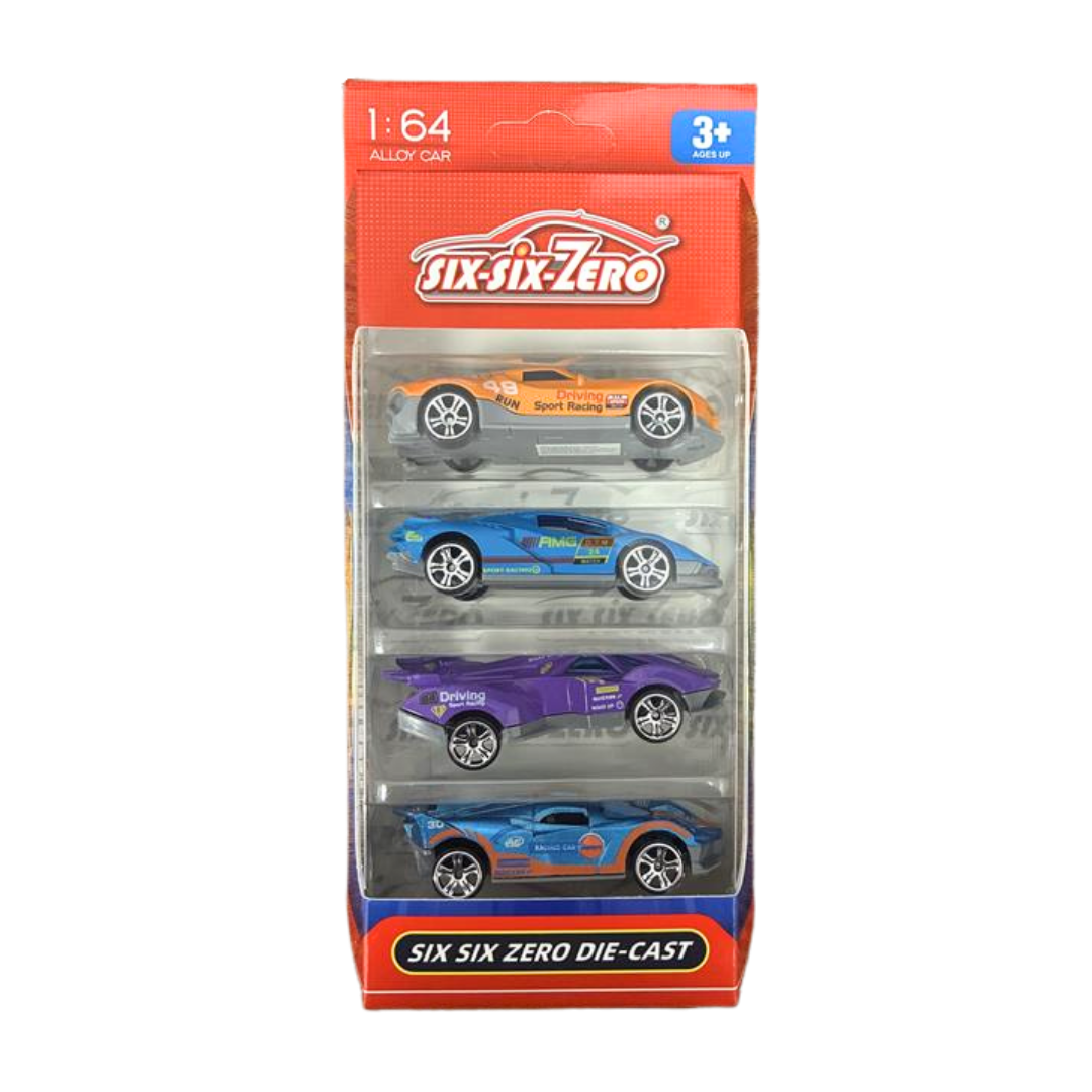 Six Six Zero 1:64 die-cast alloy racing cars 4-pack featuring detailed miniature race cars in vibrant colors.