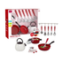 Kids kitchen toy set by Farmacias Savia with red cookware, utensils, kettle, and pans for imaginative play.