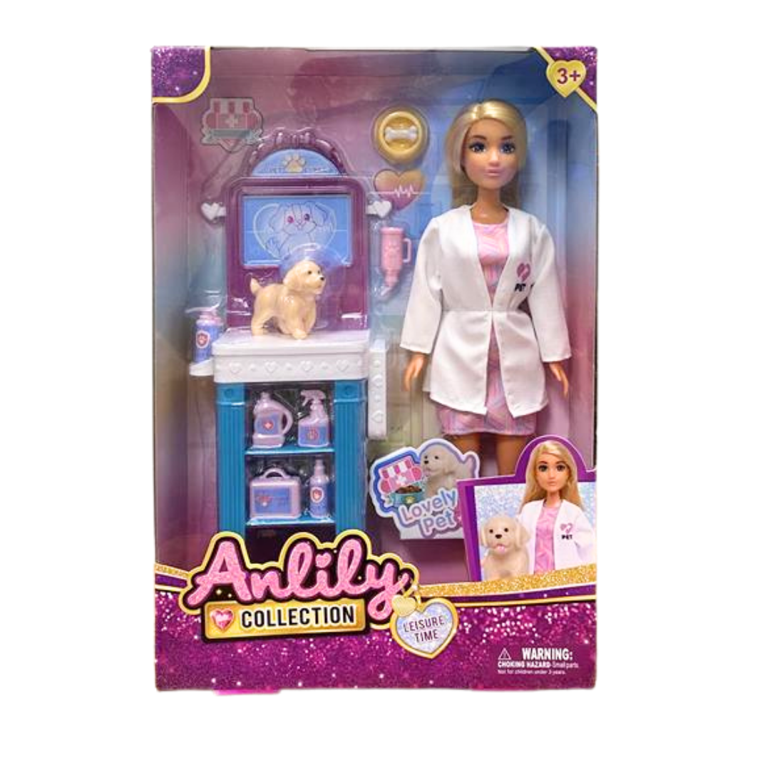 Anlily veterinarian doll playset with puppy and medical station, featuring detailed veterinary-themed accessories and figures.