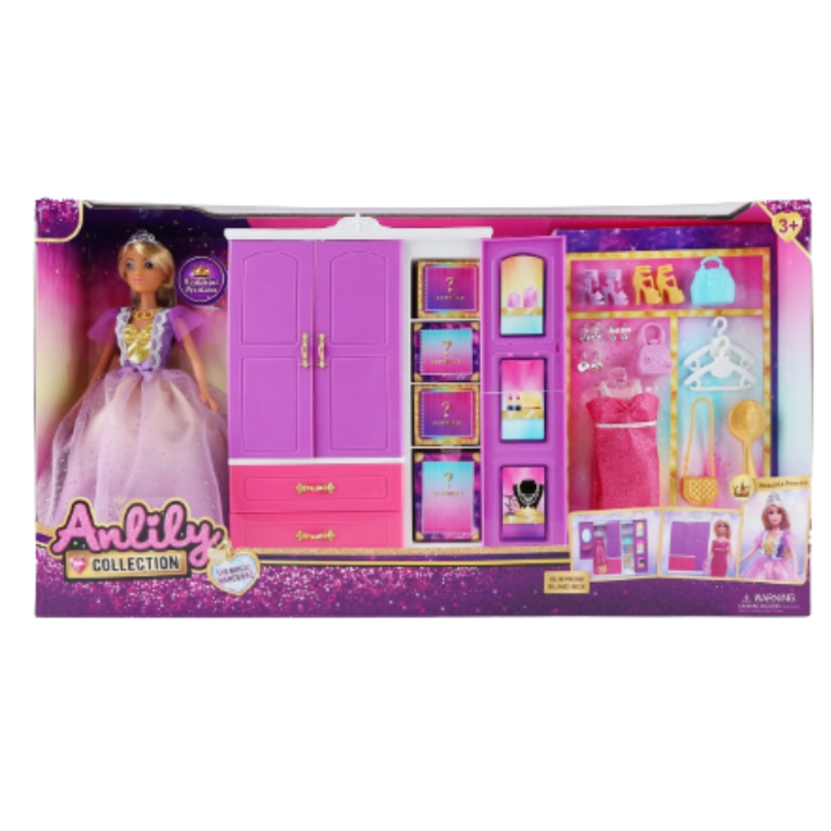 Anlily Magic Wardrobe Closet playset with doll and fashion accessories, featuring colorful wardrobe and miniature clothing items.