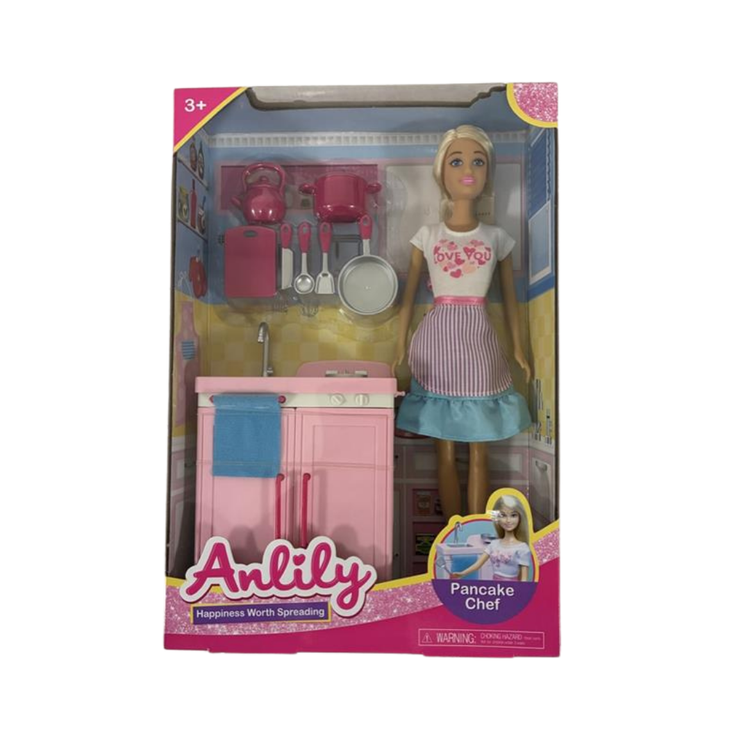 Anlily Pancake Chef Doll Playset with kitchen unit, featuring toy chef doll and cooking accessories for imaginative play.