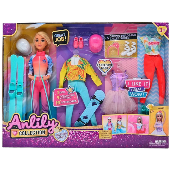 An Anlily Collection sports and ballet doll set with doll, clothing, and accessories, designed for children aged 3 and up.