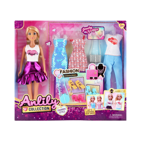 Farmacias Savia Anlily fashion doll with accessories, featuring colorful clothing and playful details for children aged 3 and up.