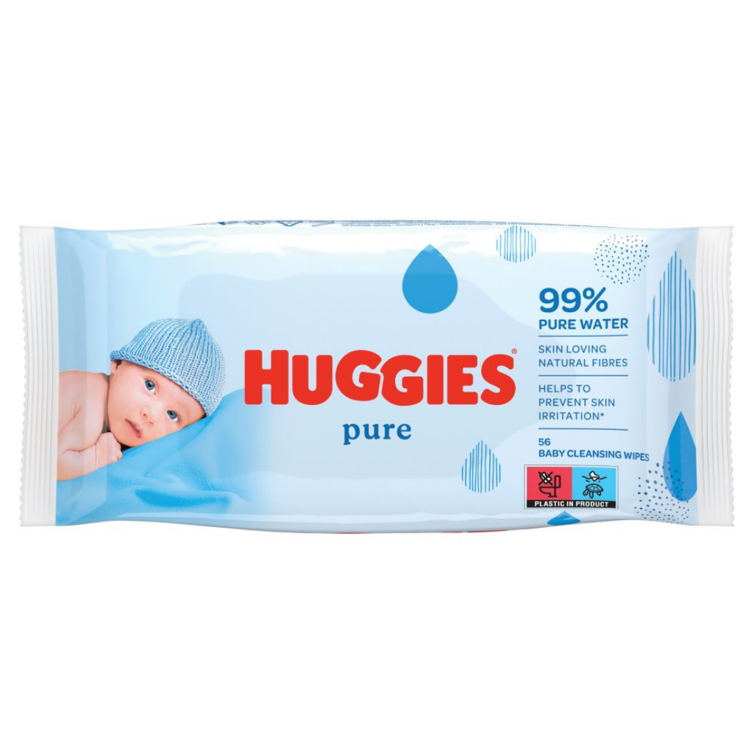 Huggies Pure Baby Wipes fragrance-free, 56 count, in a pack with soft, gentle wipes suitable for sensitive skin