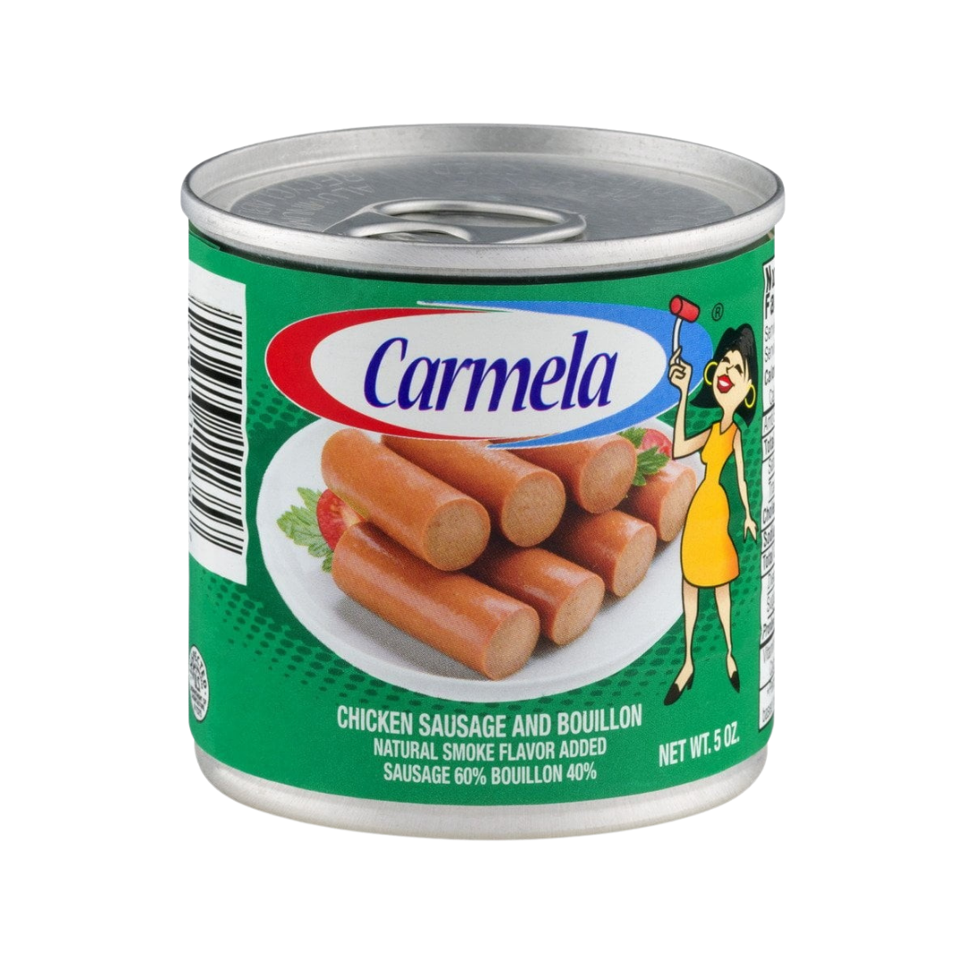 Carmela Chicken Sausage in Bouillon, 5oz by Farmacias Savia, showing the sausage package with label and product details