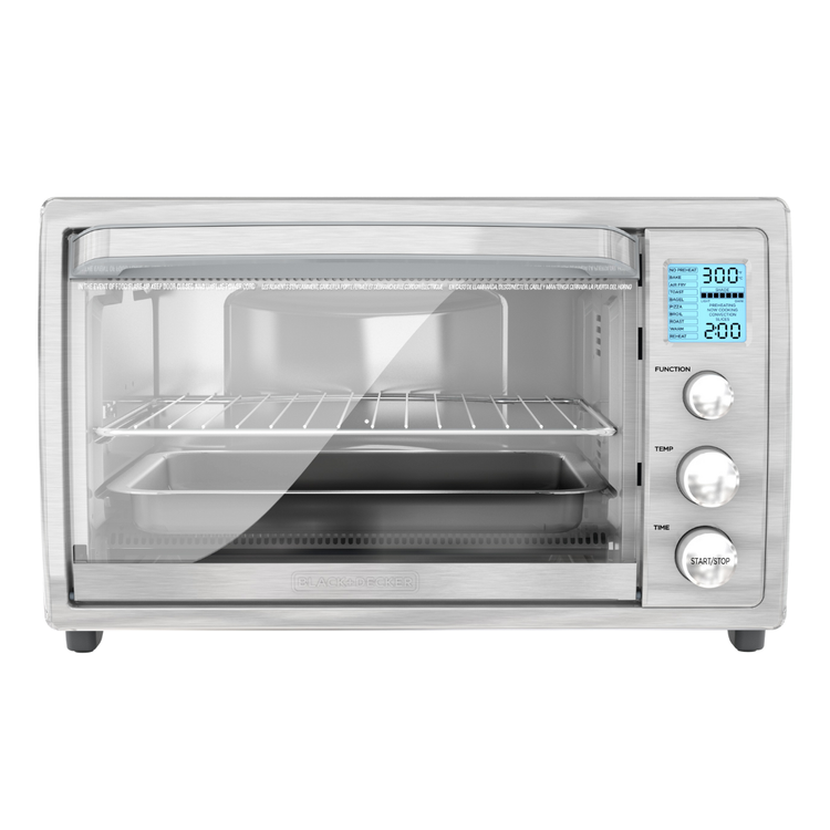 Black & Decker convection countertop oven TO3000G with 6-slice capacity, black finish, digital controls, and compact design.