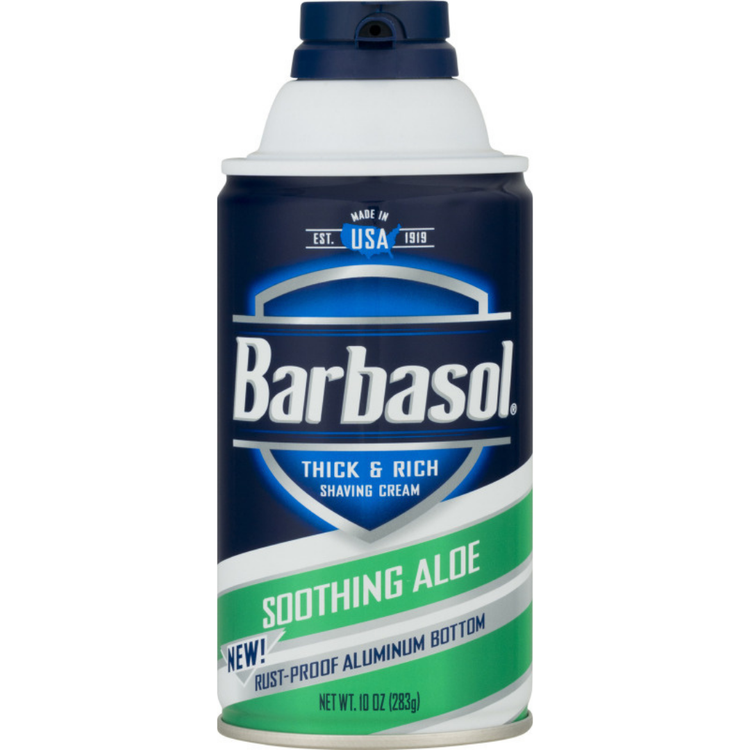 Barbasol Soothing Aloe Thick & Rich Shaving Cream in 11oz container, featuring aloe for skin soothing and rich lather.