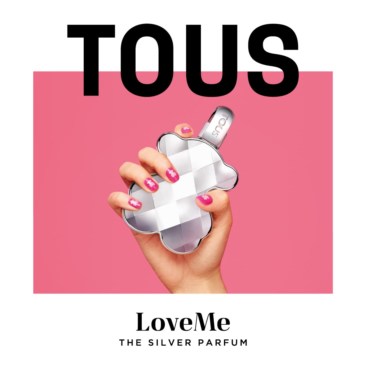Farmacias Savia Tous LoveMe silver perfume bottle, 3oz, with sleek silver design and elegant packaging visible in the image.