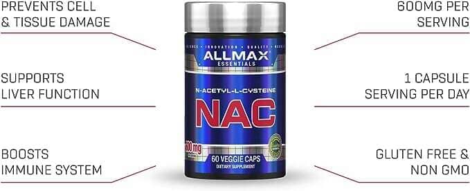 Allmax NAC immune support vitamin bottles with 60 veggie caps, showing the product label and capsules inside.