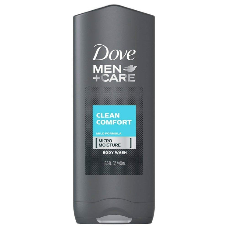 Dove Men+Care Clean Comfort body and face wash in a 13.5 oz bottle, shown with the product label and pump dispenser.