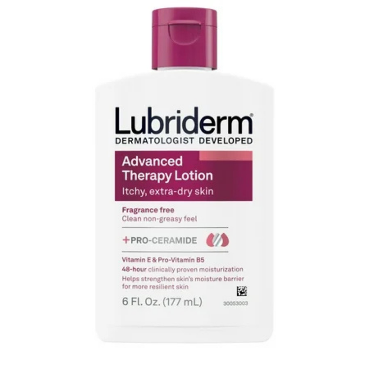 Farmacias Savia Lubriderm Advanced Therapy Lotion in 6oz bottle, smooth and moisturizing for dry skin, with pump dispenser.