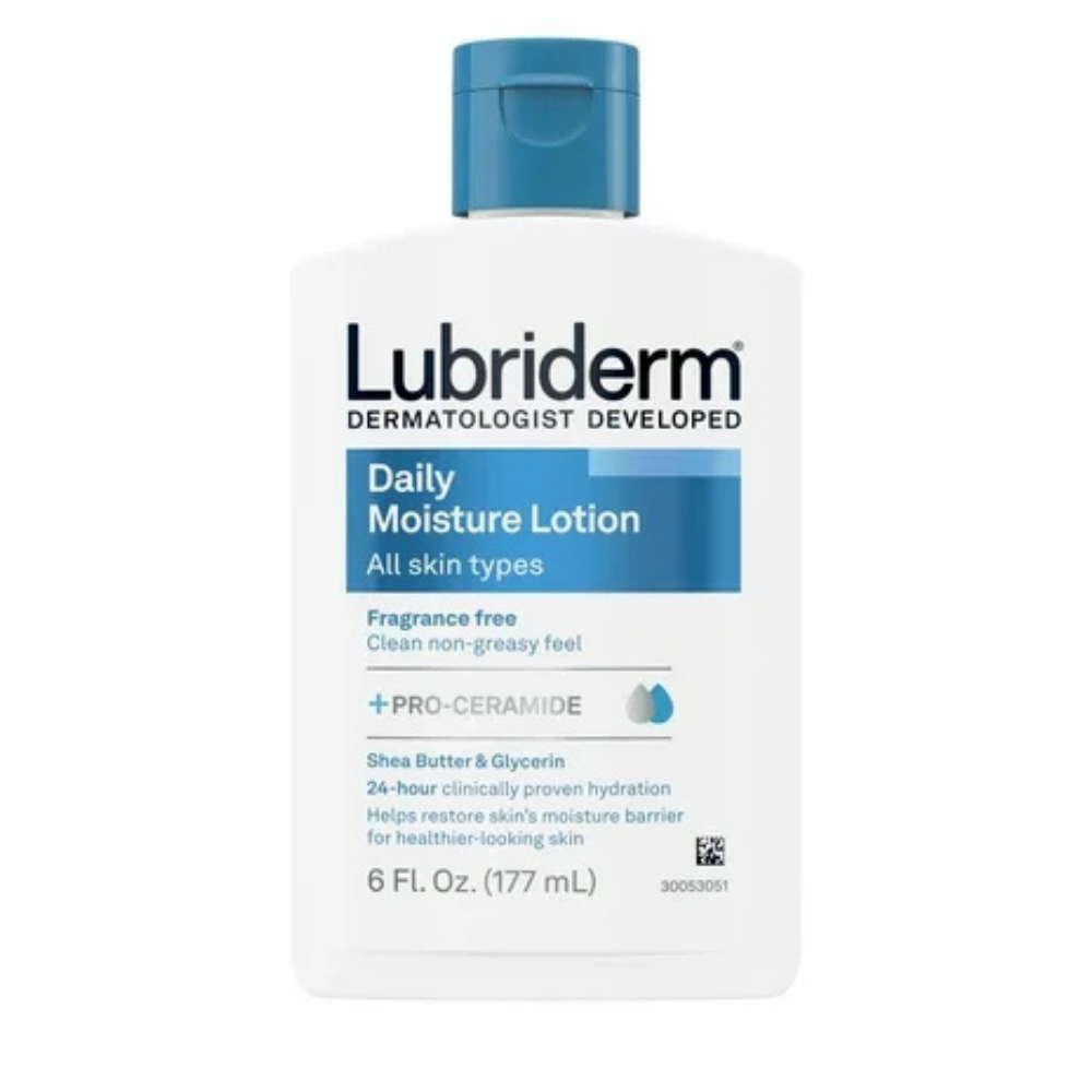 Farmacias Savia Lubriderm Daily Moisture Lotion for all skin types, 6 oz bottle with white lotion and pump dispenser.
