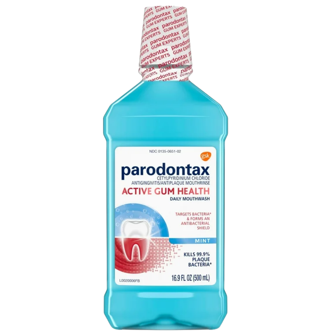 Parodontax Active Gum Health Mouthwash in 16.9oz bottle, showing the label and cap, designed to promote healthy gums.