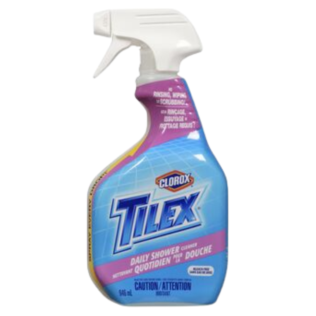 Farmacias Savia Tilex Daily Shower Cleaner spray bottle, 32oz, with label visible in the image.