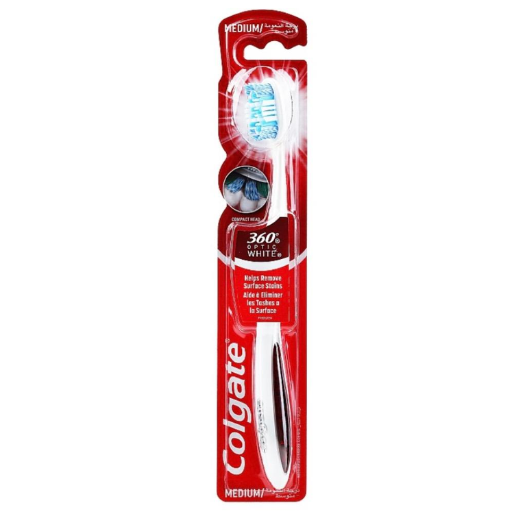 Colgate 360 Optic White medium toothbrush for oral care, featuring a white handle and multi-action bristles.