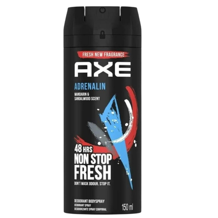 Axe Adrenalin deodorant body spray for men in a 150ml bottle, with a sleek black and silver design, displayed upright.