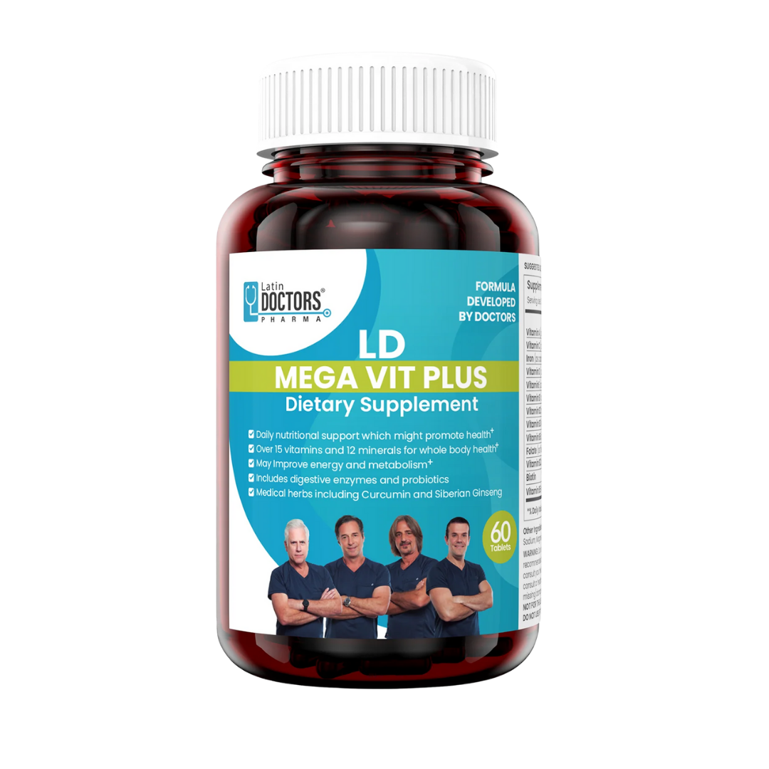 Latin Doctors Mega Vitamin Plus multivitamin bottle with 60 capsules from Farmacias Savia, featuring colorful label and capsule images.