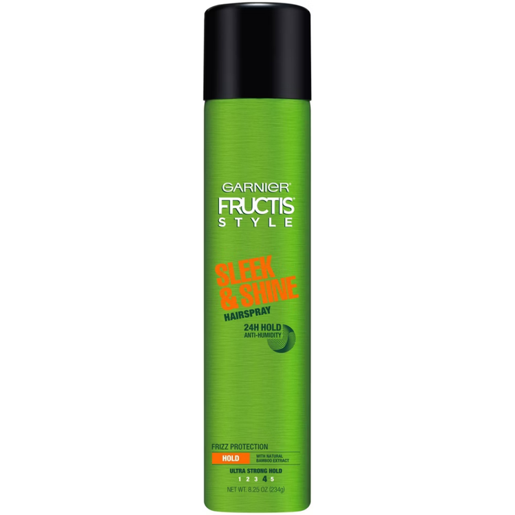 Garnier Fructis Style Sleek & Shine Anti-Humidity Hairspray in 8.25 oz spray bottle, designed to control frizz and add shine.