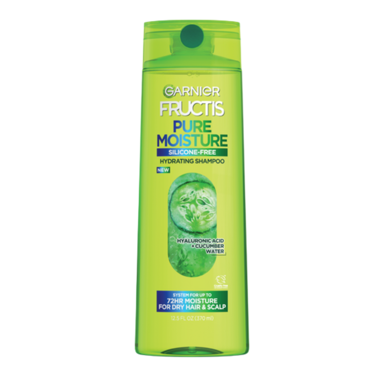 Garnier Fructis Pure Moisture Hydrating Shampoo bottle, 12.5oz, with green label and clear cap on white background.