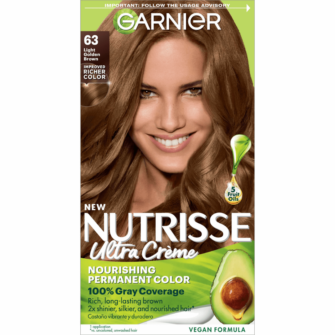 Garnier Nutrisse Ultra Crème 63 Light Golden Brown hair color kit with bottle and gloves for at-home hair dyeing
