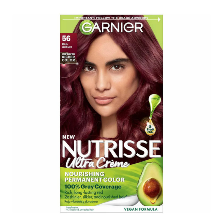 Garnier Nutrisse Ultra Crème 56 Rich Auburn hair dye kit with shade swatch and applicator bottles.