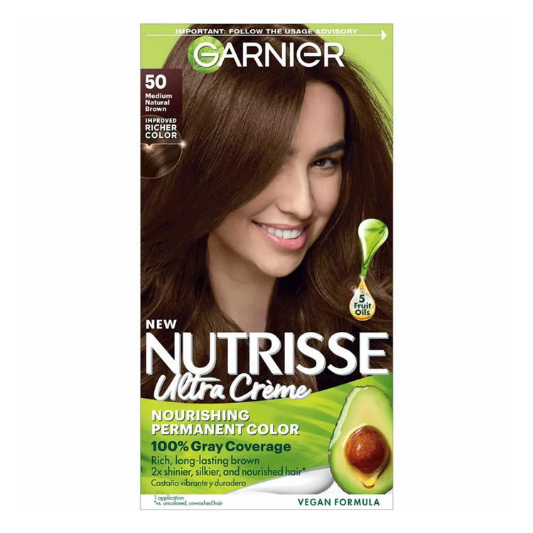 Garnier Nutrisse Ultra Crème 50 Medium Natural Brown hair coloring kit with box and applicator bottles.