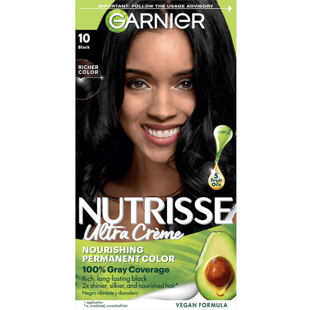 Garnier Nutrisse Ultra Crème 10 Black hair dye kit with nourishing color cream and applicator bottles, ideal for deep black hair.