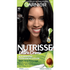 Garnier Nutrisse Ultra Crème 10 Black hair dye kit with nourishing color cream and applicator bottles, ideal for deep black hair.