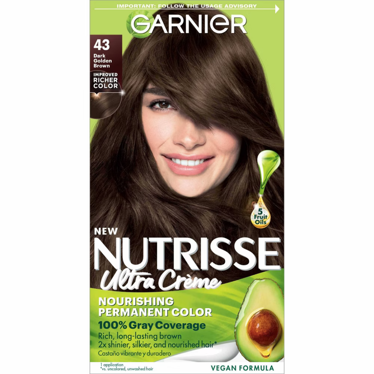 Garnier Nutrisse Ultra Crème 43 Dark Golden Brown hair dye kit with applicator and color cream in a box.