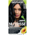 Garnier Nutrisse Ultra Color Jet Blue Black hair dye bottle with black and blue packaging for vibrant hair coloring.