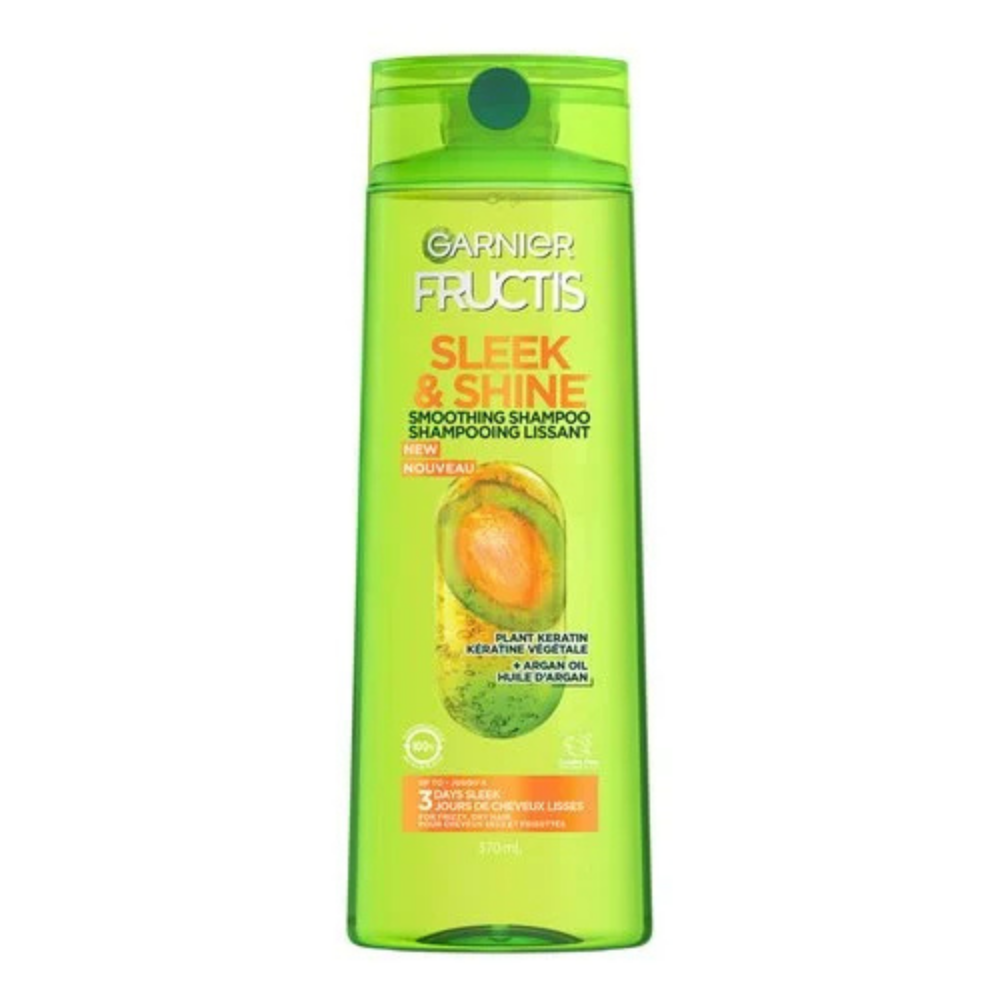 Garnier Fructis Sleek & Shine Smoothing Shampoo bottle with label, 12.5oz, for smooth, shiny hair, displayed on a plain background.