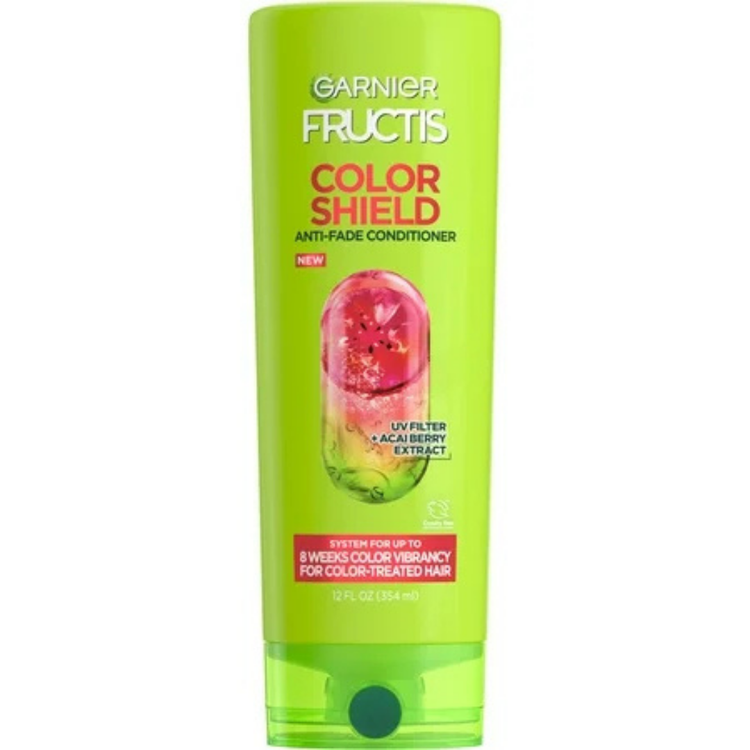 Garnier Fructis Color Shield Conditioner 12oz bottle with green and white label, designed to protect colored hair.